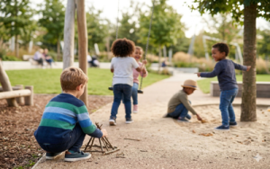 A group of children interacting happily in a sunlit, modern outdoor play area.