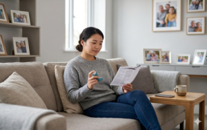 A woman in her 20s sat on a sofa in a modern but cosy living room. She is holding an asthma inhaler.