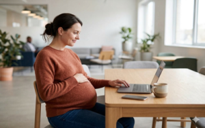 A pregnant woman sat at an office desk using a lap top, her hand resting on her baby bump.