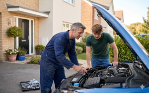 A young man and his father working on the engine of a car on their driveway