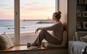 A silhouette of a young woman seated comfortably on a modern window seat looking out onto a serene seaside view