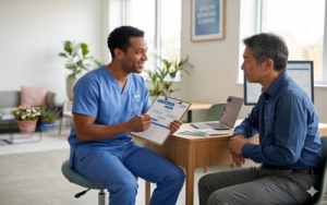 A male patient sat listening to a male nurse in a clinical setting