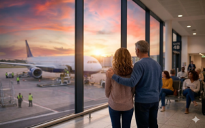 A couple in the departure lounge of an airport looking out at an aeroplane in the late afternoon sunset.