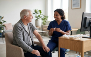 An older male patient receiving a vaccination from a nurse in a clinic setting