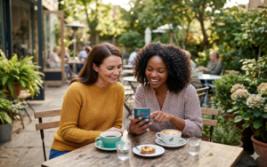Two women sat in a modern outdoor cafe setting